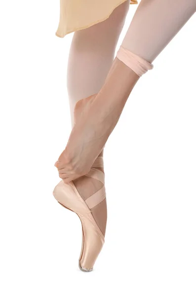 Ballerina Puntschoen Dansen Witte Achtergrond Close Stockfoto