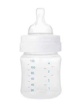 Empty feeding bottle for baby milk isolated on white