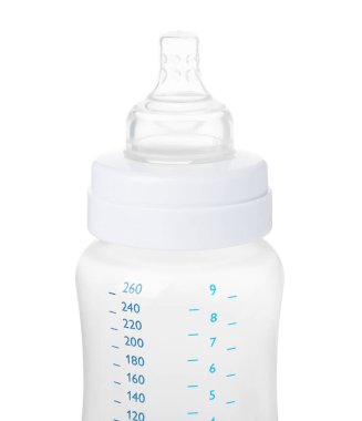 One empty feeding bottle for baby milk isolated on white