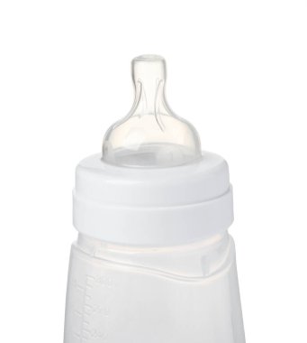 One empty feeding bottle for infant formula isolated on white