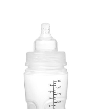 Empty feeding bottle for baby milk isolated on white