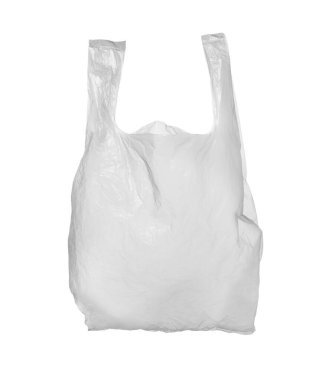 Beyaza izole edilmiş boş bir plastik torba.