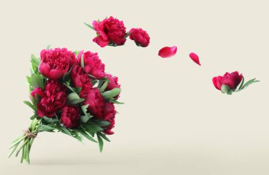 Çiçek tomurcukları bej arka planda şakayıklara çarpıyor. Güzel buket.