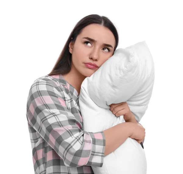 Müde Junge Frau Mit Kopfkissen Auf Weißem Hintergrund Schlaflosigkeit — Stockfoto