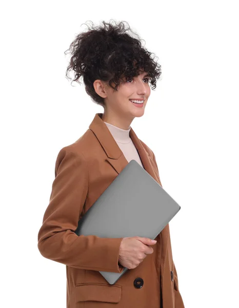 Indah Bahagia Pengusaha Wanita Dengan Laptop Latar Belakang Putih — Stok Foto