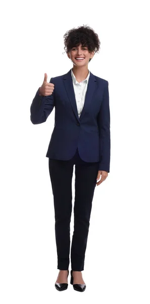 Schöne Geschäftsfrau Anzug Zeigt Daumen Nach Oben Auf Weißem Hintergrund — Stockfoto