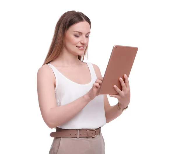 漂亮的女商人用白色背景的平板电脑 — 图库照片