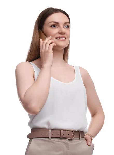 Krásná Podnikatelka Mluví Smartphone Proti Bílému Pozadí Nízký Úhel Pohledu — Stock fotografie
