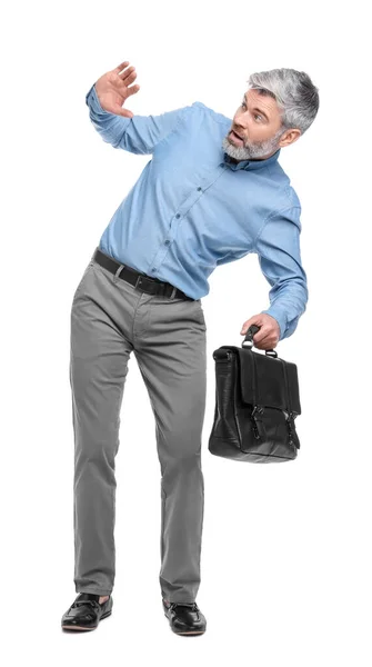 Mature Businessman Stylish Clothes Briefcase White Background — Stock Photo, Image