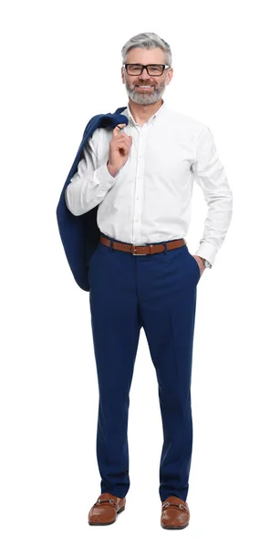 Зрелый Бизнесмен Стильной Одежде Позирует Белом Фоне — стоковое фото