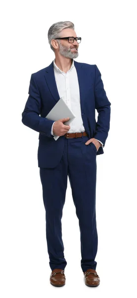 Ältere Geschäftsmann Stilvoller Kleidung Mit Tablet Auf Weißem Hintergrund — Stockfoto