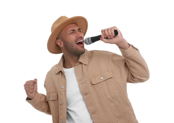 Bonito Homem Com Microfone Cantando Fundo Branco — Fotografia de Stock