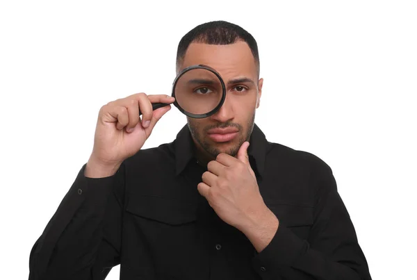 Curious Man Looking Magnifier Glass White Background — Stock Photo, Image