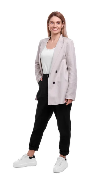 Schöne Glückliche Geschäftsfrau Posiert Auf Weißem Hintergrund — Stockfoto