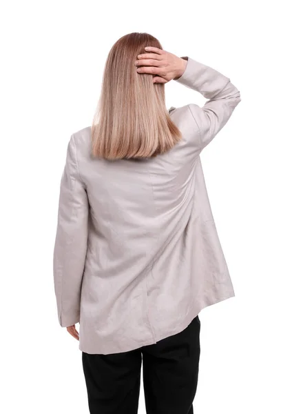 Businesswoman Posing White Background Back View — Stock Photo, Image