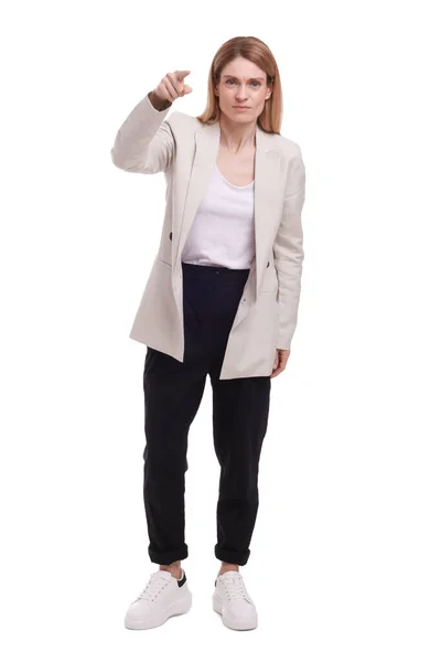Schöne Geschäftsfrau Zeigt Auf Weißen Hintergrund — Stockfoto