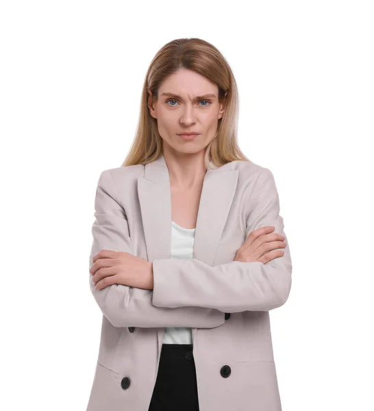 Beautiful Businesswoman Crossing Arms White Background — Stock Photo, Image