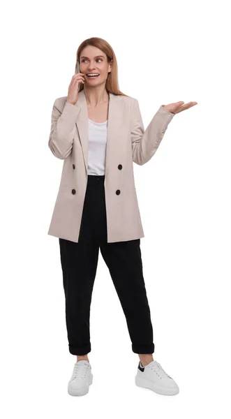 Beautiful Happy Businesswoman Talking Smartphone White Background — Stock Photo, Image