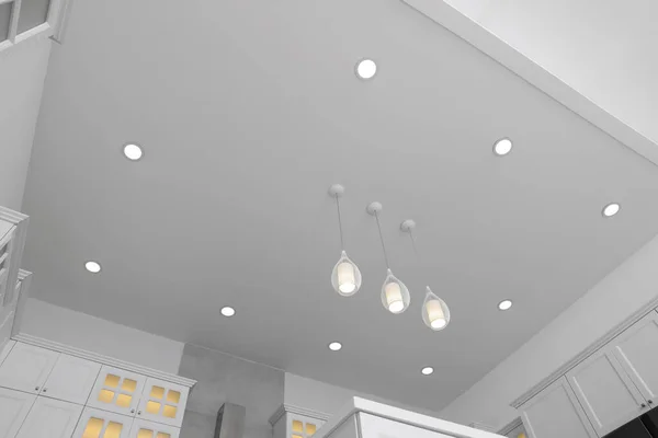 Ceiling Modern Lamps Furniture Stylish Kitchen Low Angle View — стоковое фото