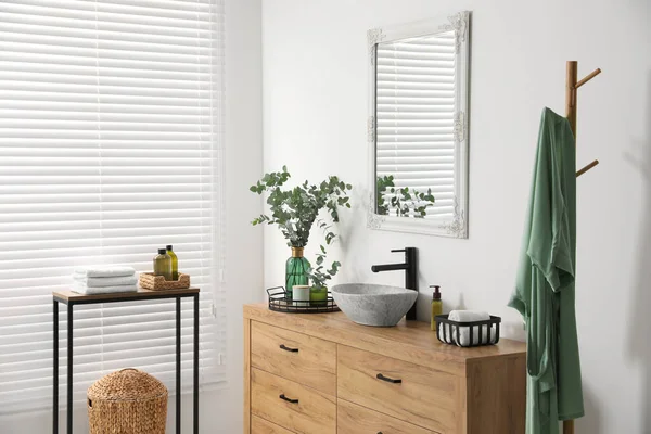 Modern Bathroom Interior Stylish Mirror Eucalyptus Branches Vessel Sink Wooden — Fotografia de Stock