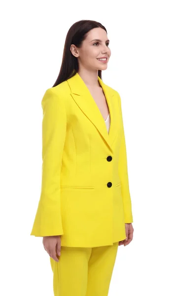 漂亮的女商人 穿着白色背景的黄色西服 — 图库照片