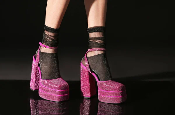 Woman Wearing Pink High Heeled Shoes Platform Square Toes Black — 图库照片