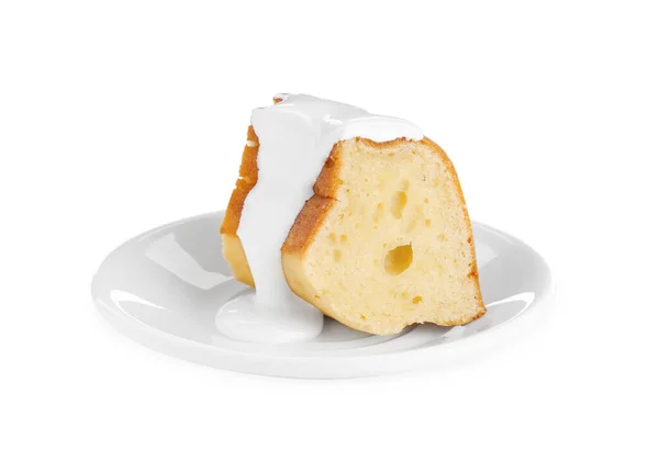 Stuk Heerlijke Zelfgemaakte Yoghurtcake Met Room Witte Achtergrond — Stockfoto