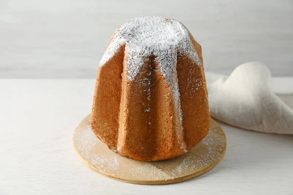 Delicious Pandoro Cake Decorated Powdered Sugar White Wooden Table Traditional — Zdjęcie stockowe