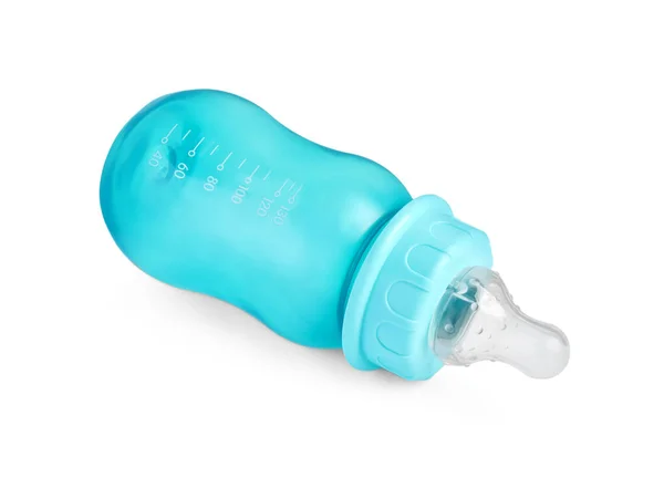 白で隔離された赤ちゃんのミルクのための空のターコイズ供給ボトル — ストック写真
