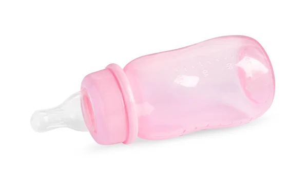Lege Roze Voerfles Voor Zuigelingenvoeding Geïsoleerd Wit — Stockfoto