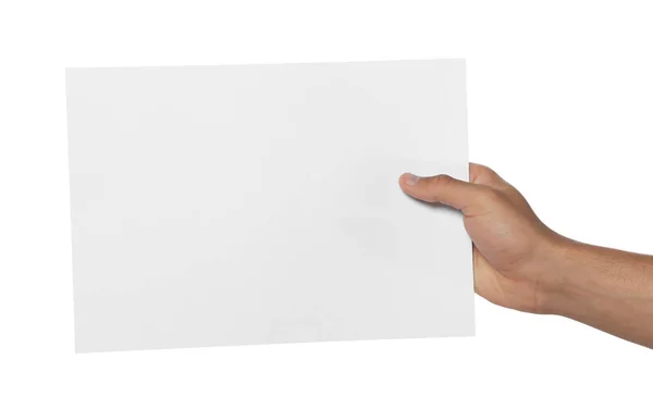 Muž Držící List Papíru Bílém Pozadí Detailní Záběr Mockup Pro — Stock fotografie