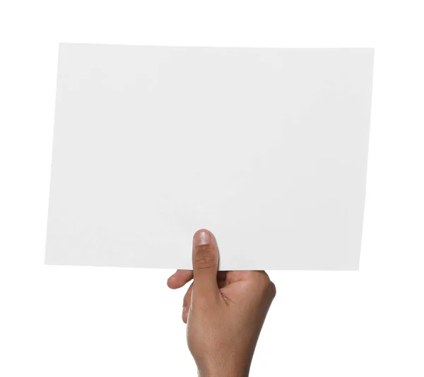 Άντρας Που Κρατάει Χαρτί Λευκό Φόντο Κοντινό Πλάνο Mockup Για — Φωτογραφία Αρχείου