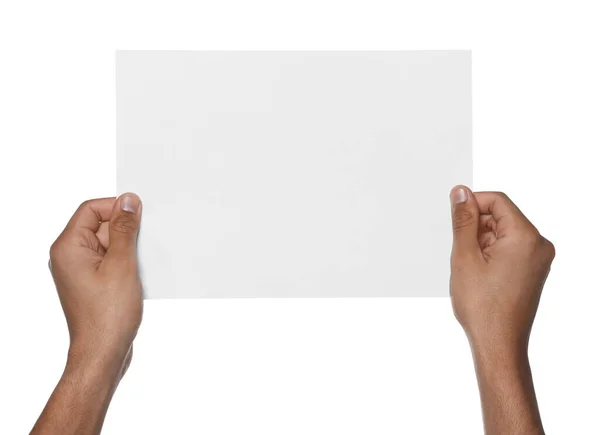 Mann Mit Blatt Papier Auf Weißem Hintergrund Nahaufnahme Mockup Für — Stockfoto
