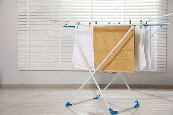 Clean Terry Towels Hanging Drying Rack Indoors — Stok fotoğraf