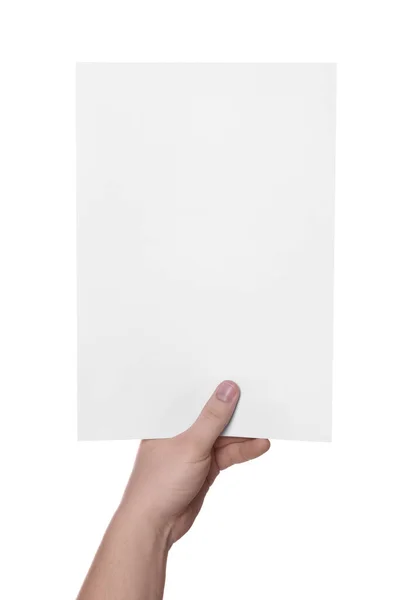 Vrouw Met Vel Papier Witte Achtergrond Close Mockup Voor Ontwerp — Stockfoto