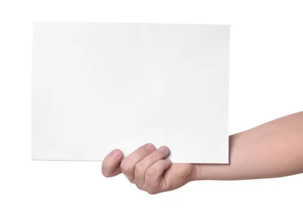 Žena Drží List Papíru Bílém Pozadí Detailní Záběr Mockup Pro — Stock fotografie