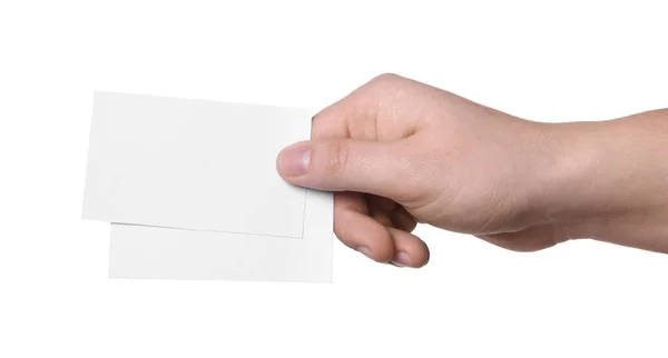 Женщина Держит Бумажные Карточки Белом Фоне Крупным Планом Макет Дизайна — стоковое фото
