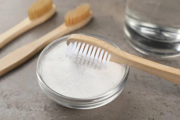 Bamboo Toothbrushes Bowl Baking Soda Grey Table Closeup — Stock Photo, Image