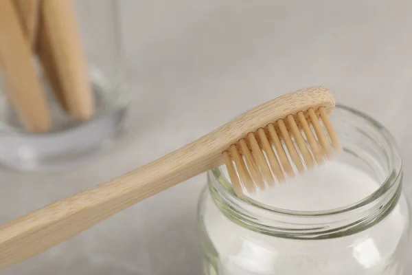 Bamboo Toothbrush Jar Baking Soda Table Closeup — Stock Photo, Image