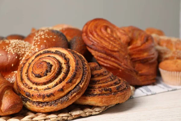 Different Tasty Freshly Baked Pastries White Table Closeup — Stock Photo, Image