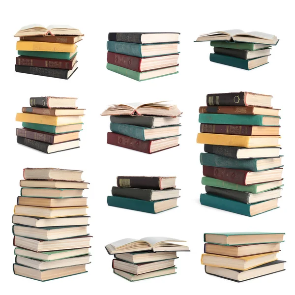 Uppsättning Staplade Böcker Isolerade Vitt — Stockfoto