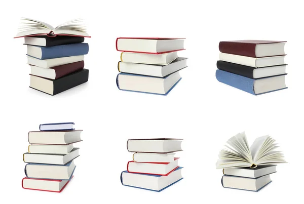 Σύνολο Διαφορετικών Στοιβαγμένων Βιβλίων Που Απομονώνονται Λευκό — Φωτογραφία Αρχείου