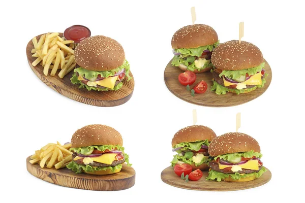 Kolaż Pysznych Hamburgerów Białym Tle — Zdjęcie stockowe
