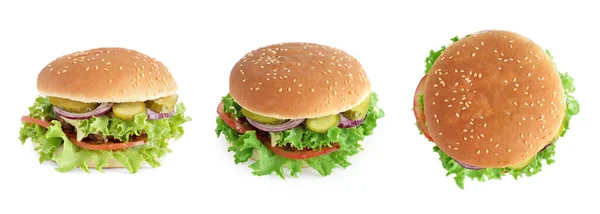 Colagem Com Delicioso Hambúrguer Fundo Branco Vista Superior Lateral — Fotografia de Stock