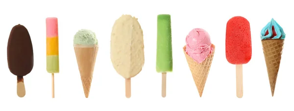 白い背景に異なるおいしいアイスクリームのセット — ストック写真