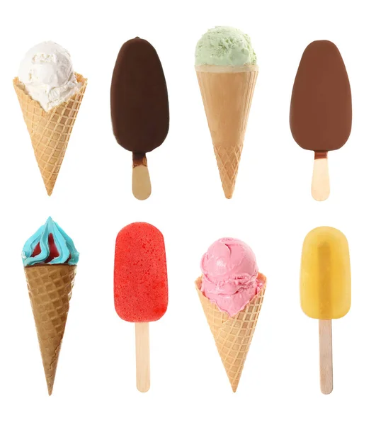一套白色背景的不同口味的冰淇淋 — 图库照片