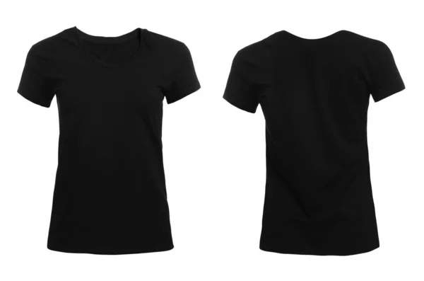 Stylowy Czarny Shirt Białym Tle Widok Przodu Tyłu Miejsce Projektowania — Zdjęcie stockowe