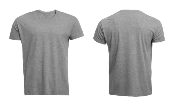Stilvolles Graues Shirt Auf Weißem Hintergrund Vorder Und Rückansicht Raum — Stockfoto