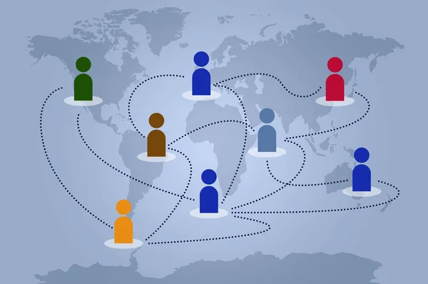World Map Scheme Human Figures Linked Together Network Grey Background — Stock Photo, Image