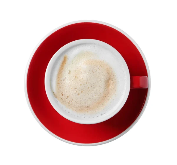 Copo Vermelho Com Cappuccino Aromático Isolado Branco Vista Superior — Fotografia de Stock